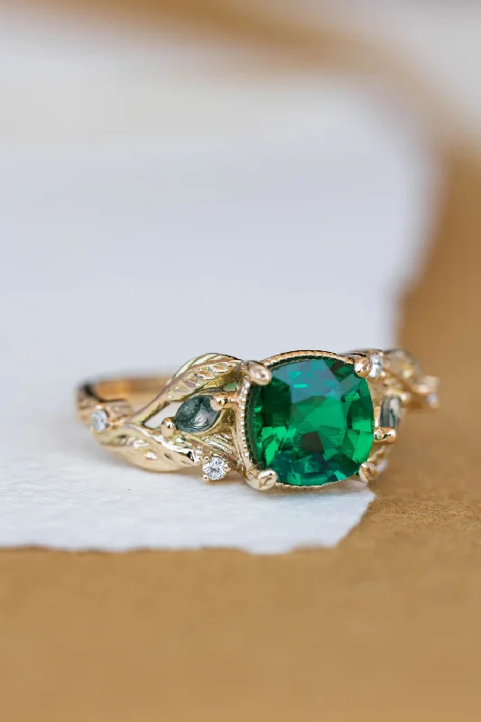 premium engagement rings for women-Lab emerald and moss agates branch engagement ring, cushion cut gemstone gold proposal ring / Patricia