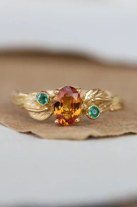 engagement rings with antique style for women-Genuine orange sapphire and natural emeralds branch engagement ring / Arius