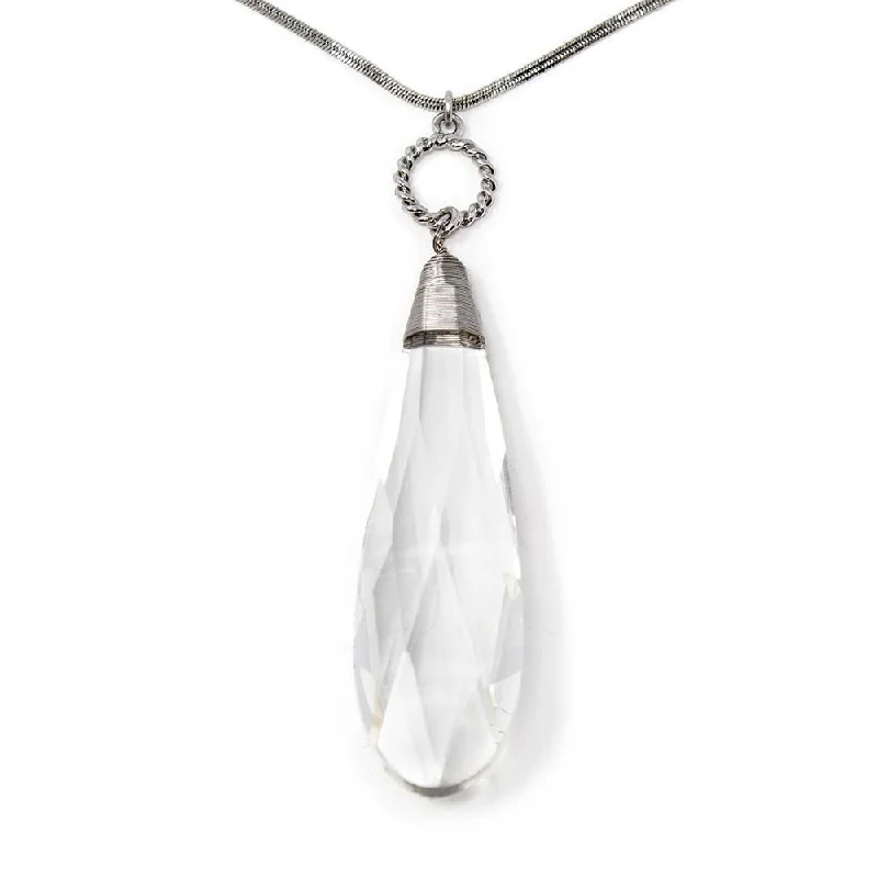 minimalist necklaces for women-Snake Chain Long Necklace Clear Teardrop Pendant Silver Toned