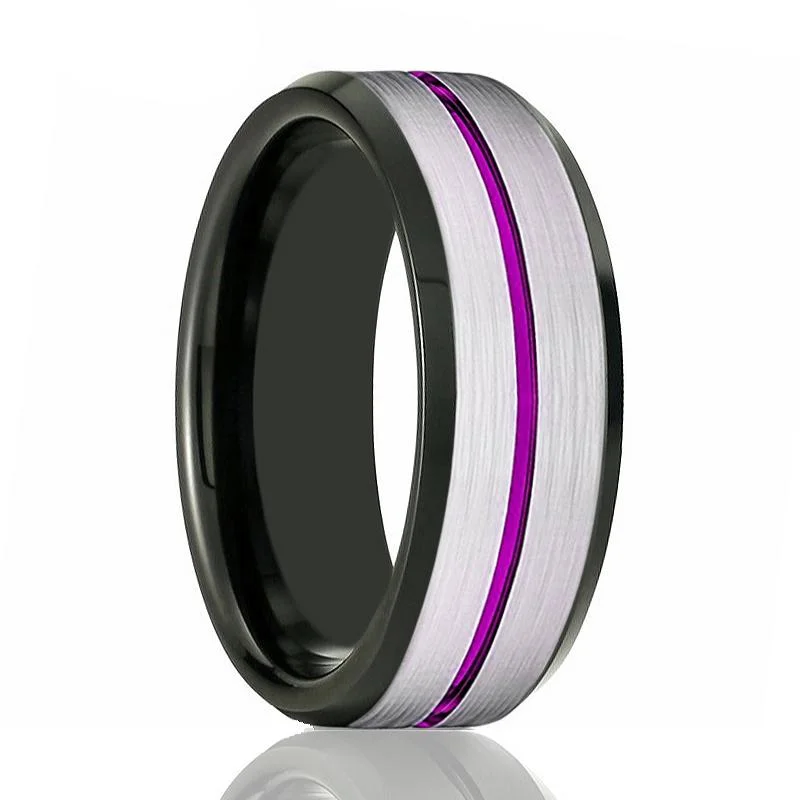 geometric rings for women-SWOOSH | Black Ring, Silver Brushed Purple Groove Black Beveled