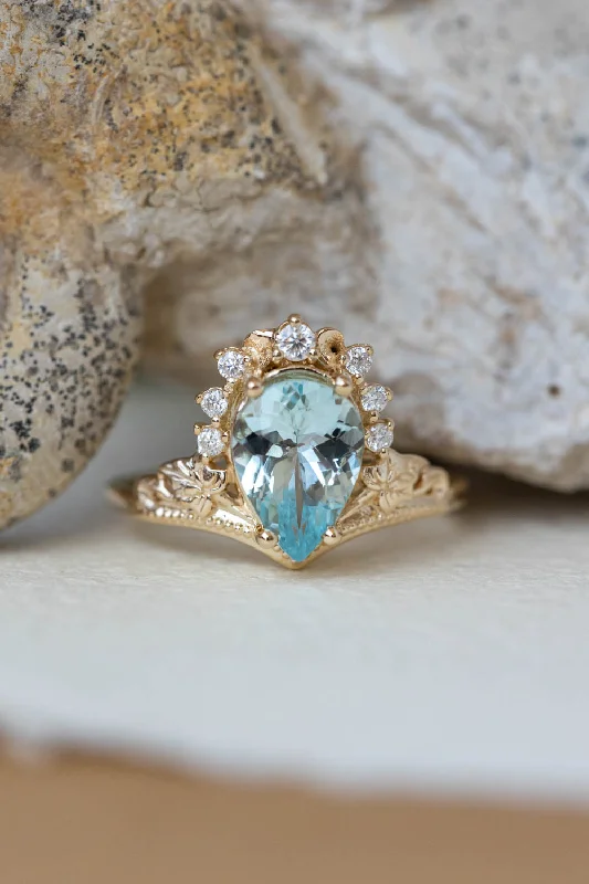 unique engagement rings for women-Aquamarine engagement ring, yellow gold proposal ring with diamond crown / Ariadne