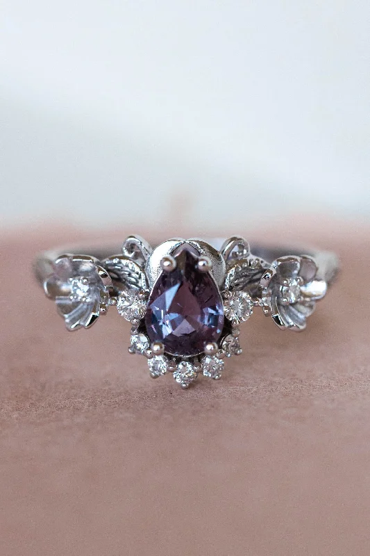 romantic engagement rings for women-Purple sapphire engagement ring with diamonds, white gold flower style gold proposal ring / Adelina