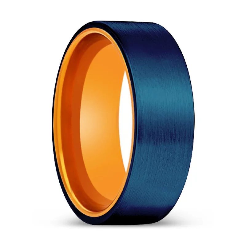 romantic rings for women-RYSER | Orange Ring, Blue Tungsten Ring, Brushed, Flat