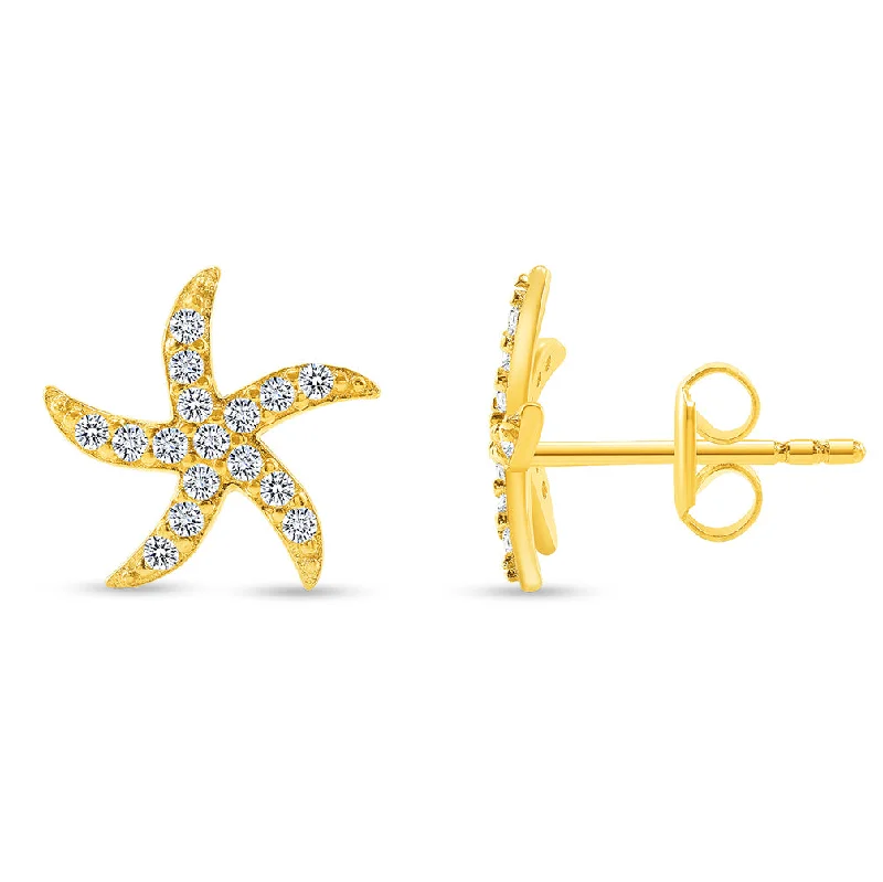 sparkling earrings for women-Solid 14k Yellow Gold Pave Cubic-Zirconia Starfish Stud Sea Life Earrings with Screw Back, 10.5mm