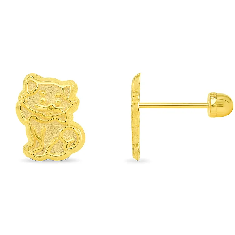 vintage earrings for women-14k Yellow Gold Well Detailed Cat Kitten Stud Earrings with Screw Back