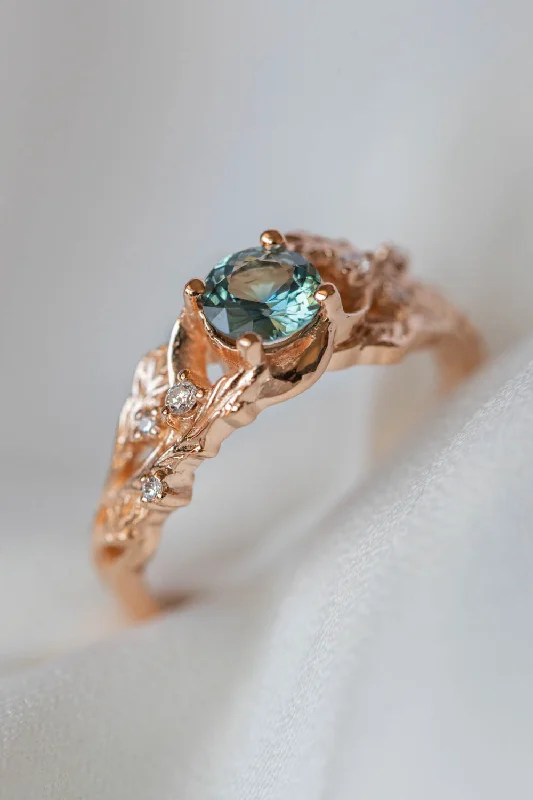 engagement rings with antique style for women-Genuine teal sapphire engagement ring, leaf and diamonds promise ring / Japanese Maple