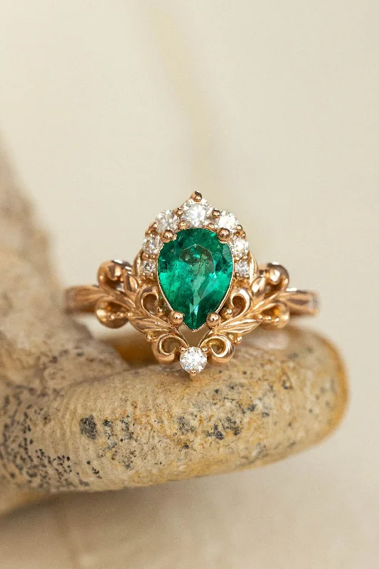 custom-made engagement rings for women-Emerald baroque style engagement ring, rose gold engagement ring with diamonds / Sophie