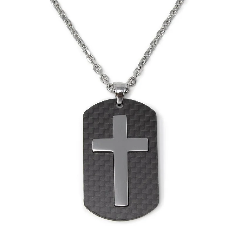 ruby necklaces for women-Stainless Steel Cross in Carbon Fiber Tag Necklace