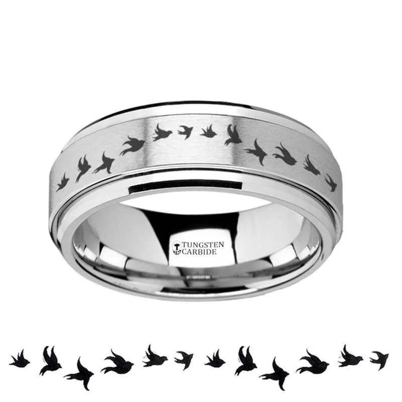 classic gold rings for women-Flying Birds Engraved Raised Center Spinner Tungsten Wedding Ring for Men - 8MM