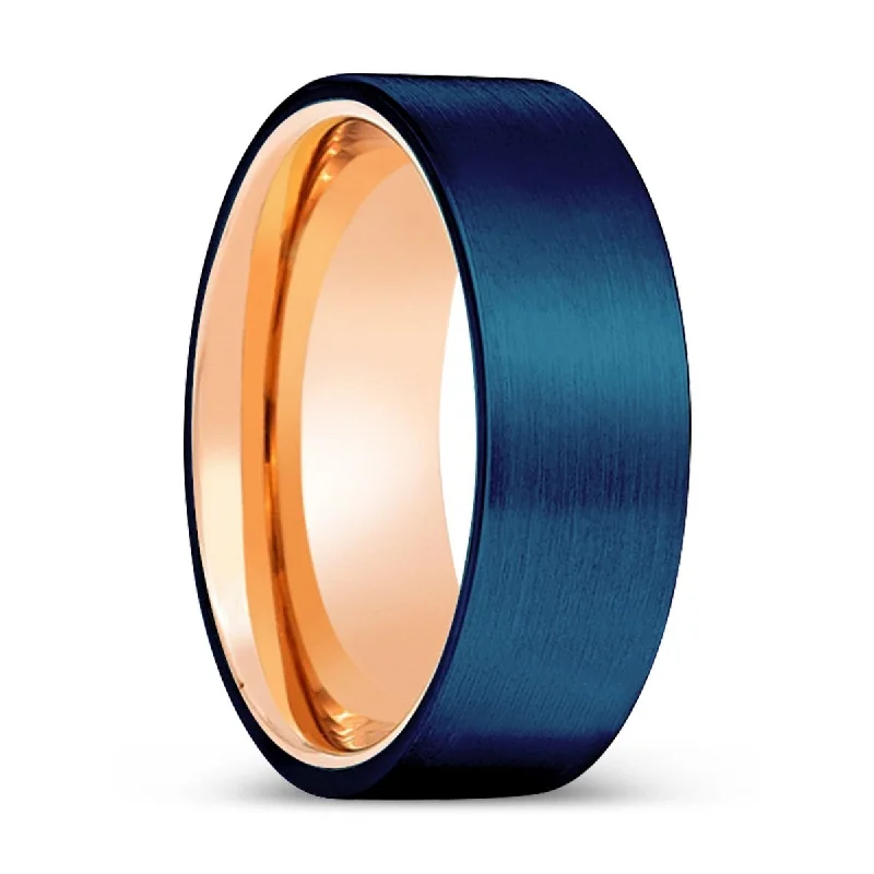 fashion rings for women-PARADISE | Rose Gold Ring, Blue Tungsten Ring, Brushed, Flat