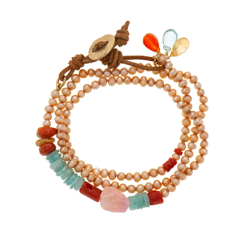 pearl bangles for women-Nava Zahavi Yellow Gold Pearl,Coral and Aquamarine Bracelet