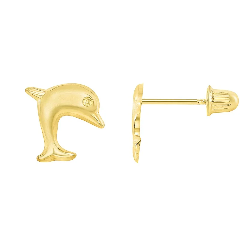 sparkling earrings for women-14k Yellow Gold Mini Jumping Dolphins Stud Earrings with Screw Back