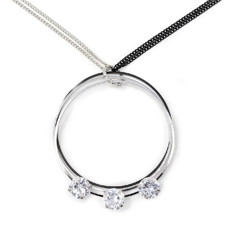 delicate necklaces for women-Double Chain Necklace Three Rings with CZ Black/Rhodium Plated