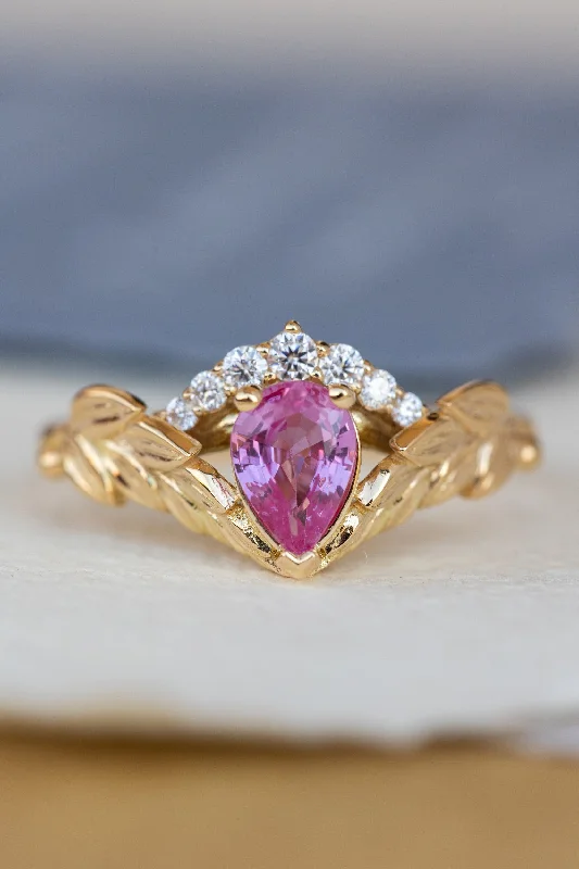 timeless engagement rings for women-Pink sapphire and diamond crown engagement ring, rose gold leaves ring with diamonds / Palmira Crown