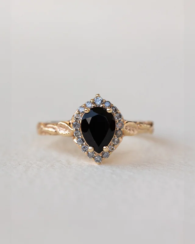 silver engagement rings for women-Black spinel with salt and pepper diamonds halo engagement ring / Florentina