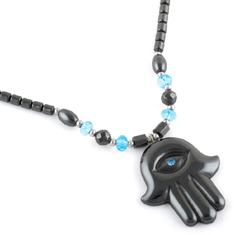 fine jewelry necklaces for women-18" Hamsa Blue CZ Hematite Necklace