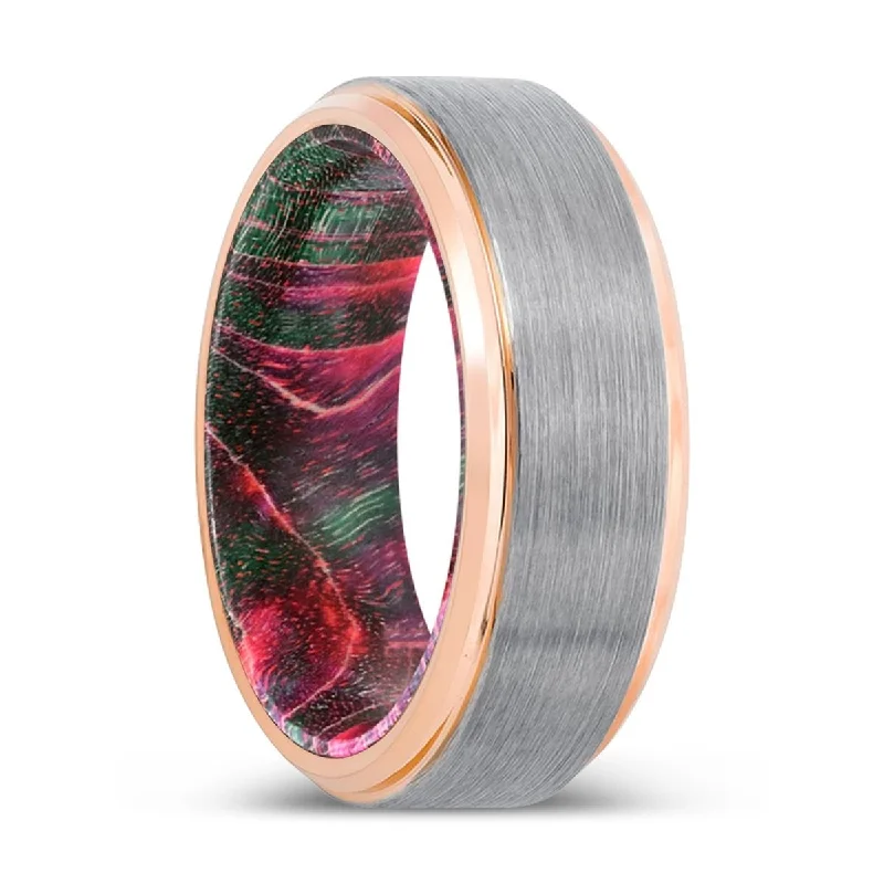 vintage-inspired rings for women-BICKS | Green & Red Wood, Silver Tungsten Ring, Brushed, Rose Gold Stepped Edge