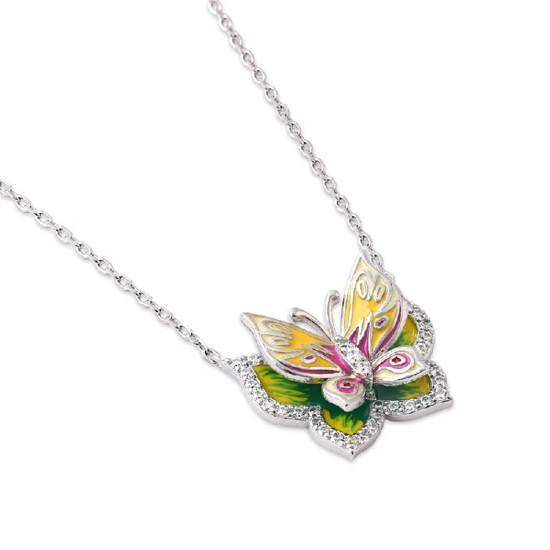 elegant diamond necklaces for women-Sterling Silver Clear CZ Enamel Butterfly Necklace