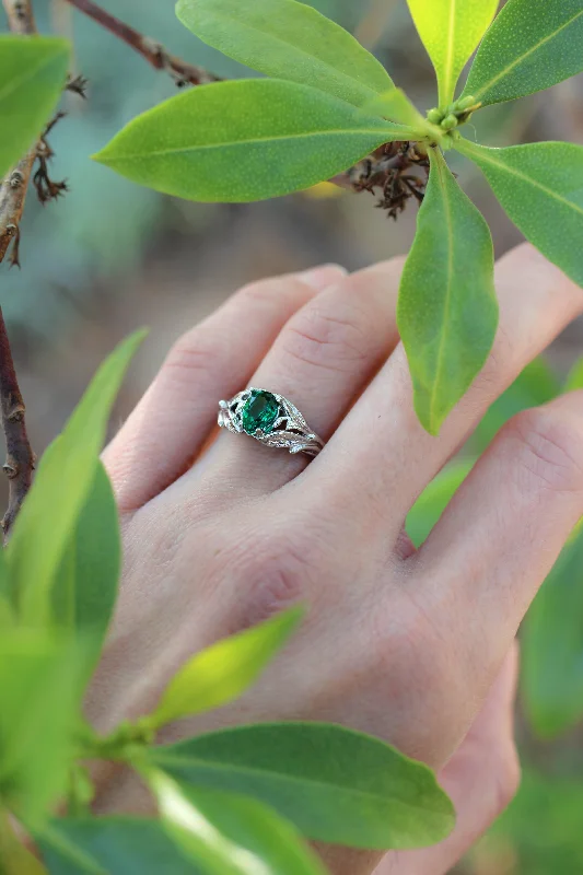 classic diamond engagement rings for women-Pear cut emerald ring, leaves engagement ring / Wisteria