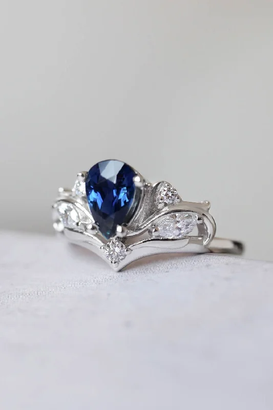 engagement rings with blue sapphires for women-Dark blue sapphire engagement ring / Swanlake