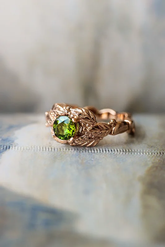 gold diamond engagement rings for women-Green tourmaline engagement ring, leaves and grains ring