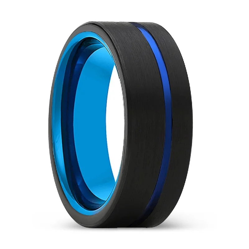 chic rings for women-NORTHSTAR | Blue Tungsten Ring, Black Tungsten Ring, Blue Offset Groove, Flat