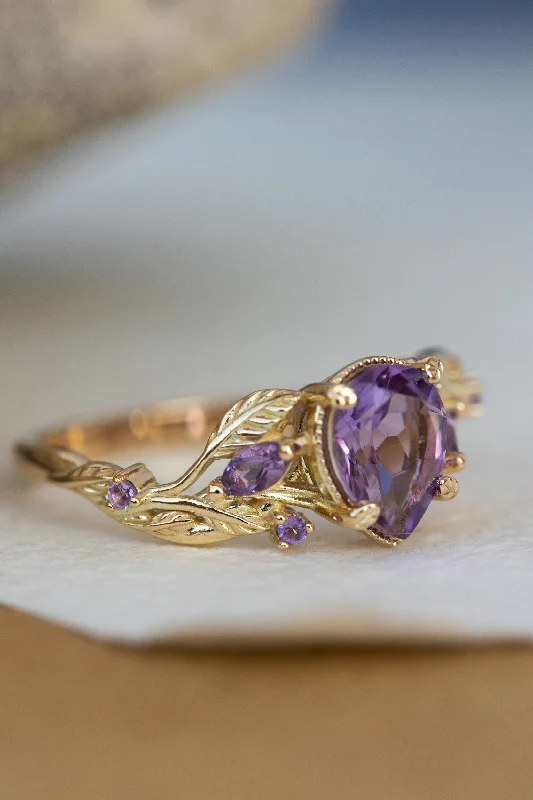 engagement rings with emeralds for women-Amethyst engagement ring, gold vines and leaves proposal ring / Patricia