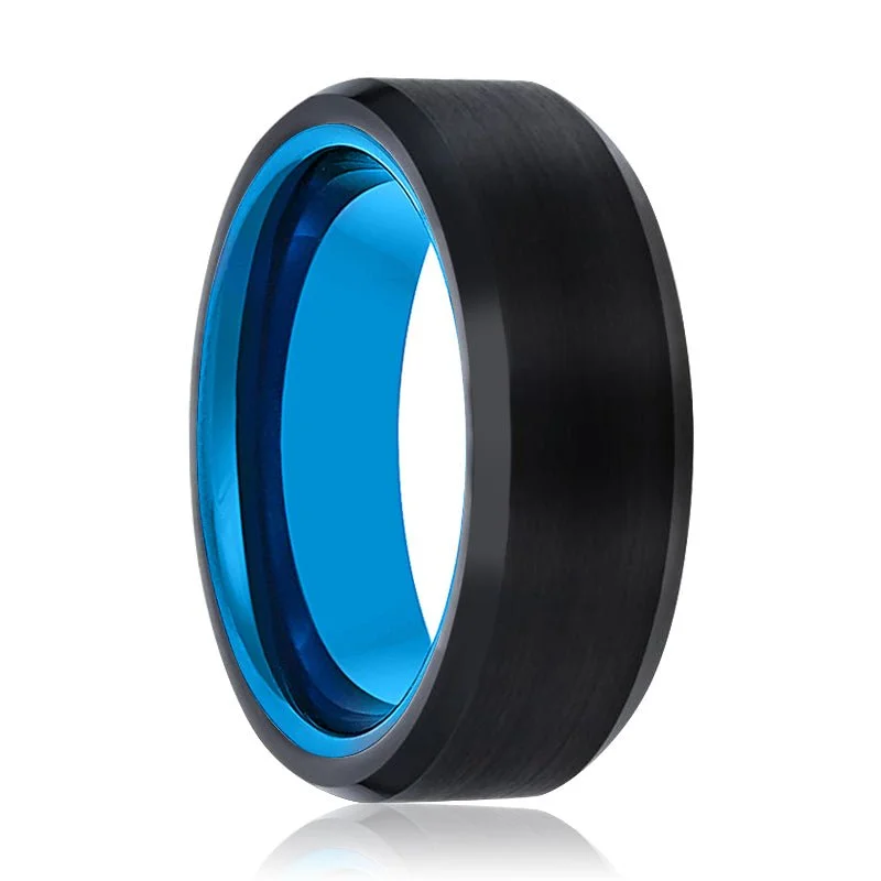 bridal rings for women-SKYLAR | Blue Tungsten Ring, Black Tungsten Ring, Brushed, Beveled