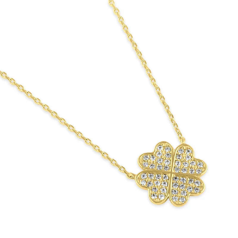 large pendant necklaces for women-Solid 14K Gold Lucky Four Leaf Clover CZ Necklace