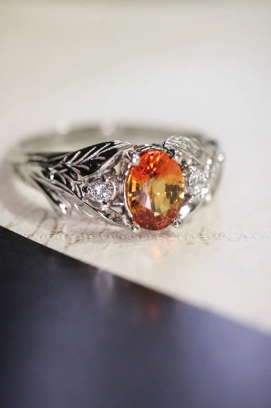 vintage diamond engagement rings for women-Orange sapphire engagement ring with diamonds, leaf engagement ring / Wisteria