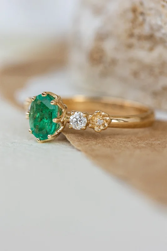 timeless engagement rings for women-Natural oval emerald engagement ring, flower engagement ring with diamonds / Fiorella