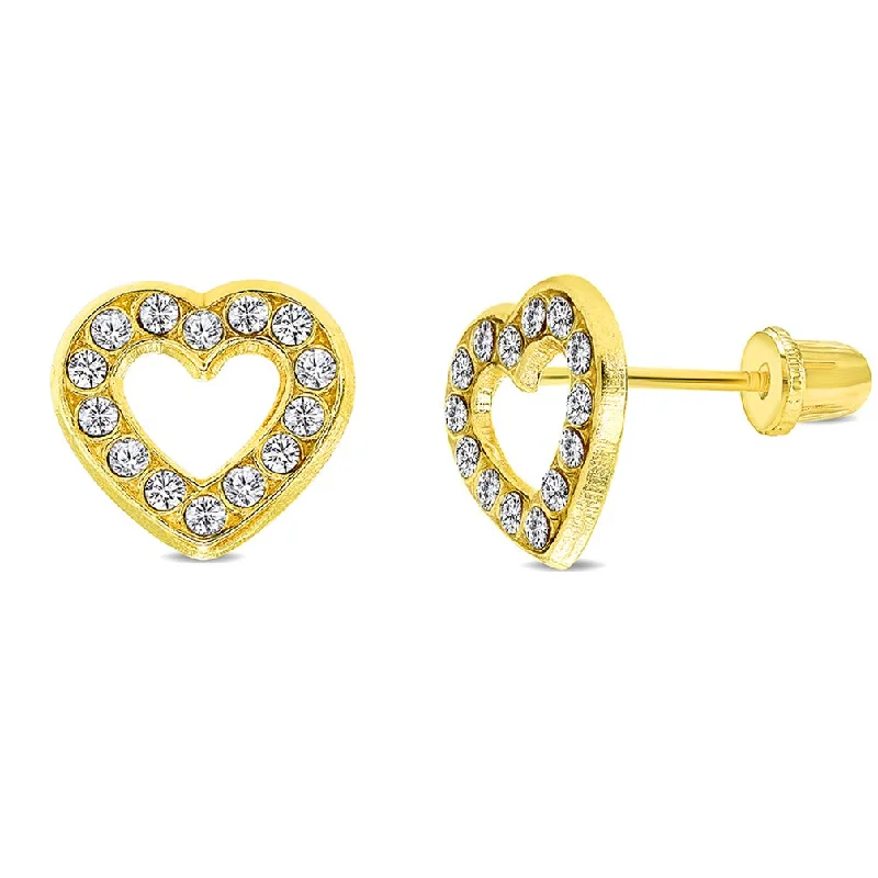 trendy diamond earrings for women-14k Yellow Gold CZ Open Heart Stud Earrings with Screw Back