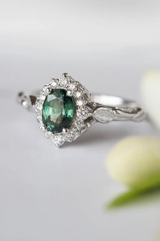 handmade engagement rings for women-Genuine teal sapphire engagement ring, white gold engagement ring with diamond halo / Florentina