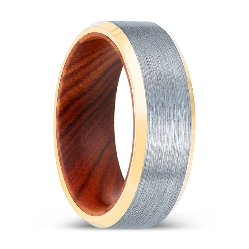 silver engagement rings for women-HARDTALON | IRON Wood, Brushed, Silver Tungsten Ring, Gold Beveled Edges