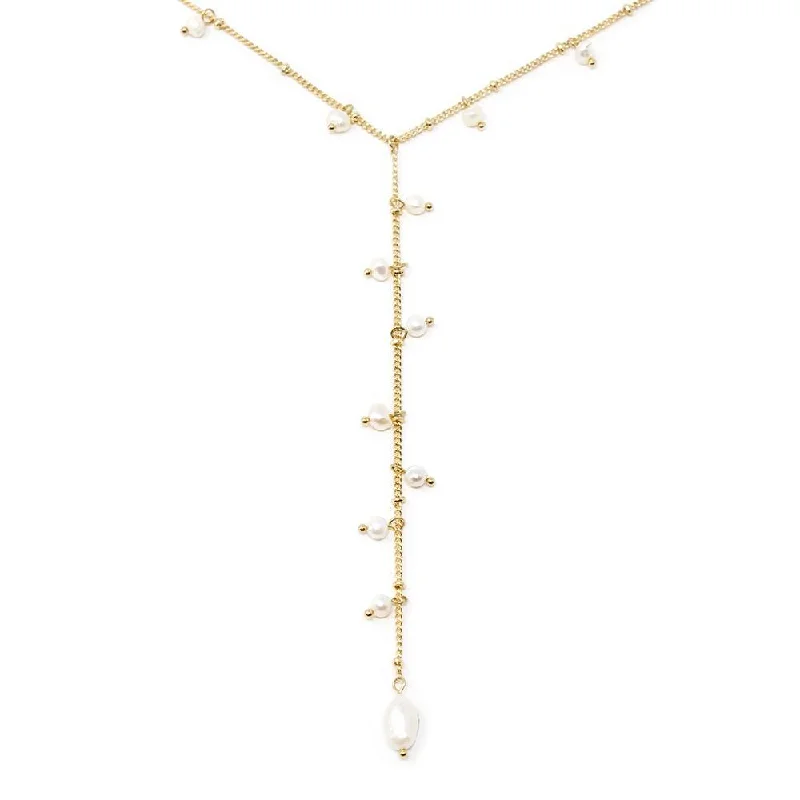 silver necklaces for women-Double Chain Lariat Necklace with Pearl Charms Gold Plated