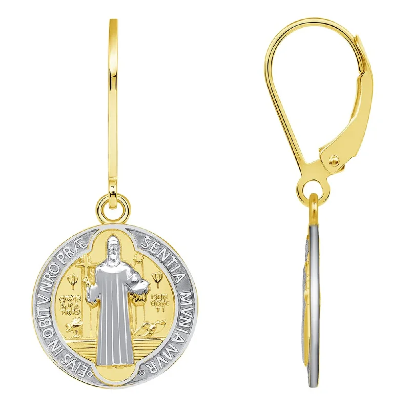 luxury earrings for women-Solid 14k Yellow Gold Round Shaped St. Benedict Medallion Dangle Drop Earrings with Lever back (Reversible)