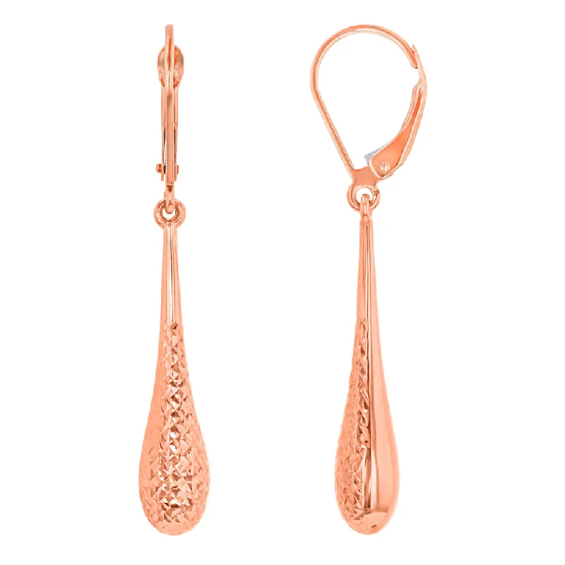 high-end earrings for women-14k Rose Gold Textured Teardrop Dangle Drop Earrings, 6mm