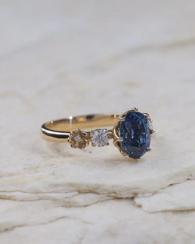 stackable engagement rings for women-Natural blue sapphire engagement ring, floral engagement ring with diamonds / Fiorella