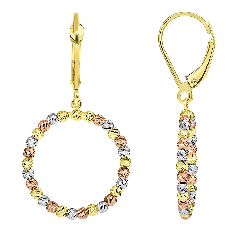 affordable earrings for women-Textured 14k Gold Fancy Beaded Hoop Dangle Drop Earrings with Leverback, (19mm x 35.5mm) - Tri Color Gold