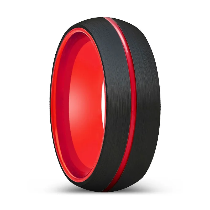 luxury engagement rings for women-DEMON | Red Ring, Black Tungsten Ring, Red Groove, Domed