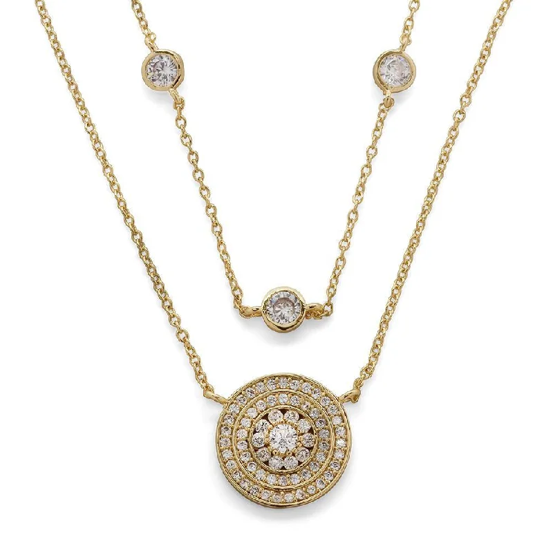 high-end necklaces for women-Two Row Necklace with CZ Circle Pendant Gold Plated