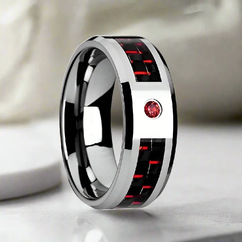 birthstone rings for women-ADRIAN | Silver Tungsten Ring, Red Ruby Stone, Red & Black Carbon Fiber Inlay, Beveled