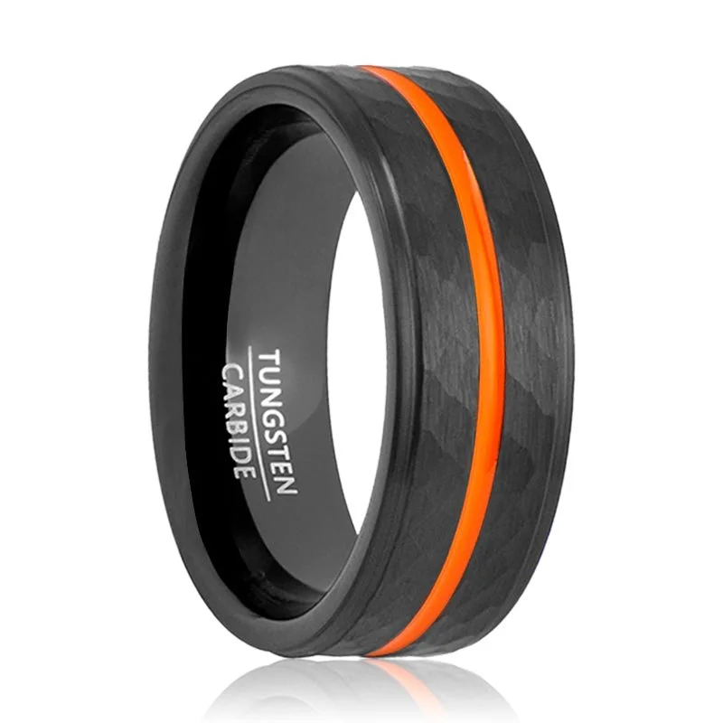 luxurious gemstone rings for women-FIERCE | Black Tungsten Ring, Hammered, Orange Groove, Stepped Edge