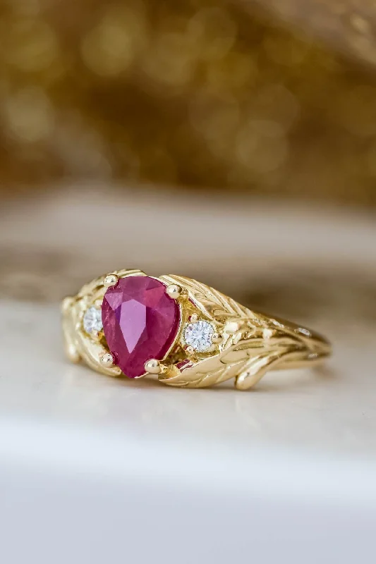 trendy engagement rings for women-Ruby gold engagement ring, leaves engagement ring with diamonds / Wisteria