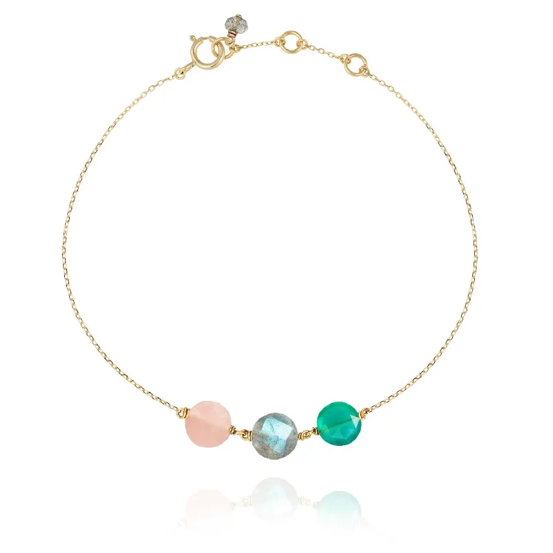 minimalist bracelets for women-Trio Pastille Bracelet Guava Quartz, Labradorite & Green Agate -18k Gold