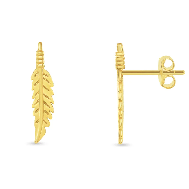 elegant hoop earrings for women-Solid 14k Yellow Gold Feather Shaped Leaf Stud Earrings with Screw Back, 17mm