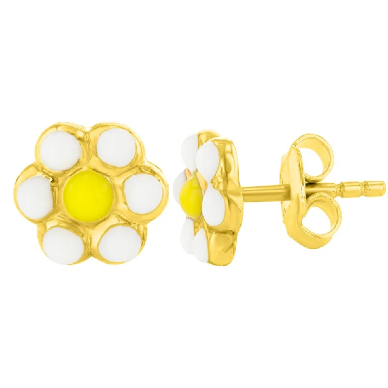 stylish gold earrings for women-14k Yellow Gold Daisy Flower Stud Earrings with Yellow & White Enamel