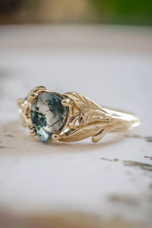 simple solitaire engagement rings for women-Moss agate gold ring, leaves engagement ring / Wisteria