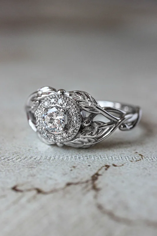 timeless engagement rings for women-Leaf engagement ring with natural diamonds / Tilia halo