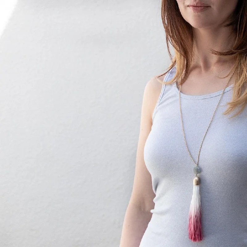 elegant diamond necklaces for women-Gold Toned Long Necklace with Fabric Tassel Burgundy